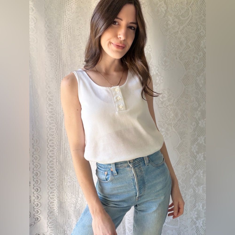 Vintage White Henley Tank Top 80s Made In USA - Picture 6 of 16